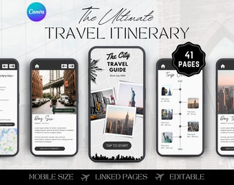 May include: A mockup of a mobile phone screen displaying a travel itinerary app. The app has a black and white design with a city skyline background. The app is titled "The City Travel Guide" and has a "Tap to Start" button. The app has 41 pages and is designed to be mobile-friendly, linked, and editable.