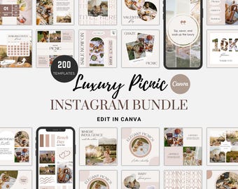 Plantillas de Instagram para negocios de picnic de lujo, publicaciones e historias minimalistas en redes sociales, planificación de picnics
