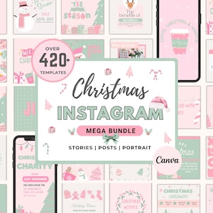 May include: A digital product bundle for Christmas Instagram content. The image shows templates in pink and green, with text reading "Christmas Instagram Mega Bundle" and "Over 420+ Templates". Includes stories, posts, and portrait formats.