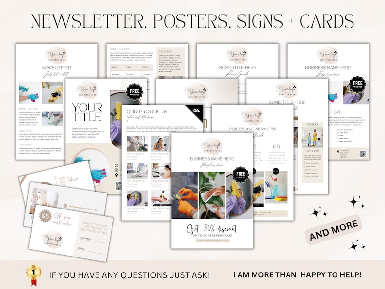 Pu&ograve; includere: Una collezione di materiali di marketing per un'azienda di pulizie. I materiali includono una newsletter, poster, cartelli e biglietti da visita. I materiali presentano una variet&agrave; di prodotti e servizi di pulizia, tra cui prodotti per la pulizia, servizi di pulizia e sconti. I materiali sono progettati per attirare nuovi clienti e promuovere l'azienda.