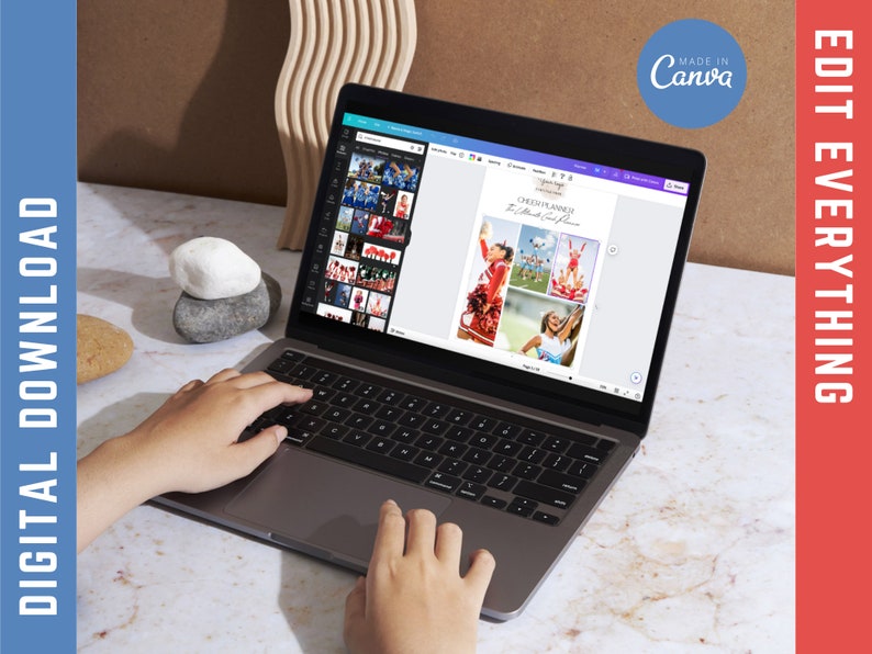 May include: A laptop screen showing a digital cheerleading planner with the text "Cheer Planner". The words "Edit Everything" and "Digital Download" are printed on the side. The laptop is on a marble surface. The image also says "Made in Canva".