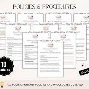Pu&ograve; includere: Un set di 10 politiche e procedure stampabili per le aziende, tra cui il rilascio di testimonianze, i termini e le condizioni, la propriet&agrave; intellettuale, la protezione dei dati, la politica sulla privacy, la riservatezza, il rilascio sui social media, il codice di condotta, i moduli di prenotazione e la politica di cancellazione. I documenti presentano un design semplice ed elegante con uno schema di colori rosa chiaro e bianco.