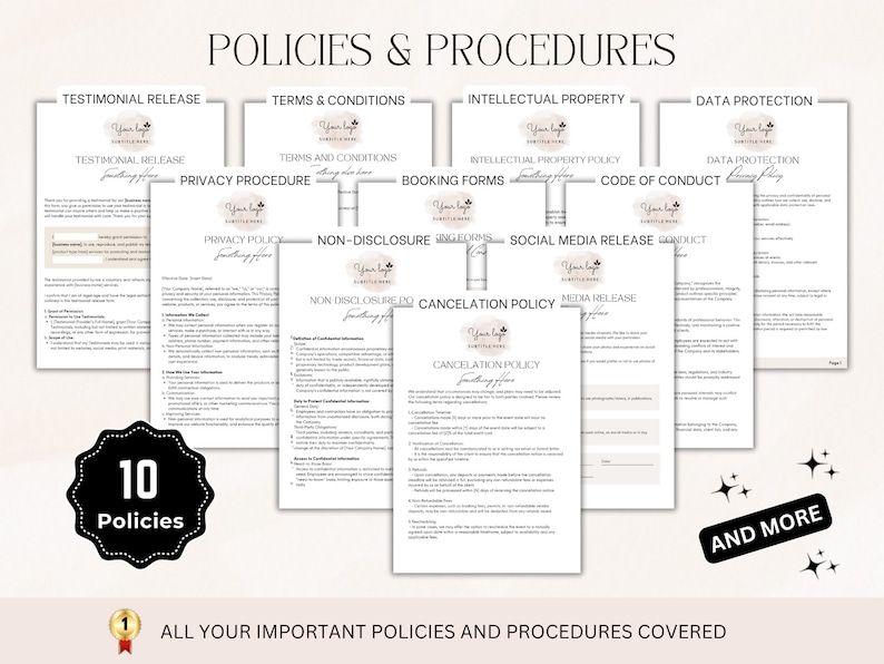 Pu&ograve; includere: Un set di 10 politiche e procedure stampabili per le aziende, tra cui il rilascio di testimonianze, i termini e le condizioni, la propriet&agrave; intellettuale, la protezione dei dati, la politica sulla privacy, la riservatezza, il rilascio sui social media, il codice di condotta, i moduli di prenotazione e la politica di cancellazione. I documenti presentano un design semplice ed elegante con uno schema di colori rosa chiaro e bianco.