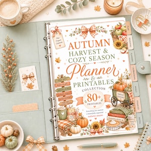 May include: A light green ring-bound planner featuring an autumn-themed cover with the text Autumn Harvest & Cozy Season Planner & Printables Collection, 80+ Printables, and various illustrations of pumpkins, sunflowers, and seasonal decor.