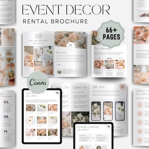 Könnte beinhalten: Digitale Eventdekorations-Mietbroschüre mit dem Text "EVENT DECOR RENTAL BROCHURE" und "66+ PAGES". Die Broschüre enthält Bilder von Blumenarrangements, Event-Setups und Produktdarstellungen. Hergestellt in Canva.