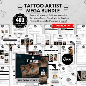 Könnte beinhalten: Ein umfassendes Tattoo-Künstler-Mega-Bundle mit über 400 Vorlagen, darunter Bedingungen, Verträge und Social-Media-Materialien. Das Design zeigt Totenköpfe, florale Elemente und den Text "ELLE ROSE" und "FREE CANVA WEBSITE".