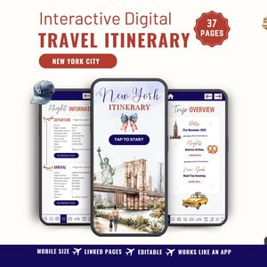 Op de afbeelding: Digitale reisroute-app voor New York City, met een mobiele interface en gekoppelde pagina's. De app toont vluchtinformatie, reisoverzichten en bezienswaardigheden van de stad. De tekst "Interactive Digital Travel Itinerary" en "New York City" is inbegrepen.