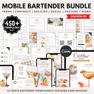 Mobile Bar Forms Bundle, Vorlagen für Barmixer-Business-Vereinbarungen, Servicevertrag für Mobile Barkeeper, bearbeitbare Getränkekarte, Cocktail Flyer