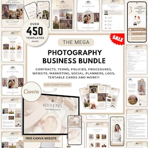 Può includere: Un pacchetto di modelli per attività di fotografia, tra cui contratti, materiali di marketing e design di siti web. Il pacchetto presenta oltre 450 pagine e include il testo "Photography Business Bundle" e "Edit Everything!"