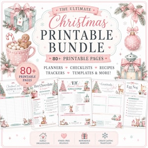 Puede incluir: Un paquete imprimible digital con el texto THE ULTIMATE CHRISTMAS PRINTABLE BUNDLE 80+ PRINTABLE PAGES. El diseño incluye ilustraciones de una caja de regalo, una taza con un hombre de jengibre, un adorno rosa y un farol, además de páginas.