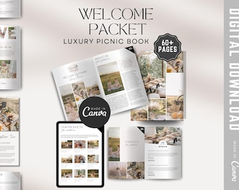Libro de bienvenida para picnics de lujo, planificador de eventos, planificación de picnics, plantilla de portafolio, folleto con guía de revistas, servicios de picnic, guía de precios