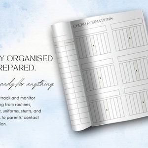 May include: Open notebook with "CHEER FORMATIONS" heading. Pages feature grid layouts for formations, marked with "X" symbols. Text reads "STAY ORGANISED & PREPARED. Be ready for anything. You can track and monitor everything from routines, payment, uniforms, stunts, and progress to parents' contact information."