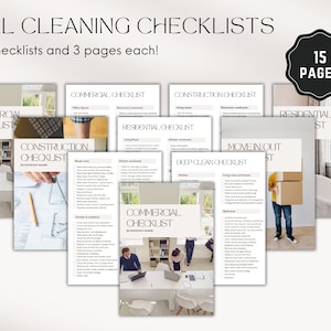 Pu&ograve; includere: Un set di 5 checklist di pulizia, ciascuna con 3 pagine, per la pulizia commerciale, edile, residenziale, per l'ingresso/uscita e per la pulizia profonda. Le checklist sono organizzate in una griglia con immagini di una scrivania, un progetto, un bagno, una scatola di trasloco e una cucina.