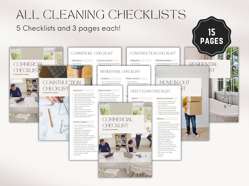 Pu&ograve; includere: Un set di 5 checklist di pulizia, ciascuna con 3 pagine, per la pulizia commerciale, edile, residenziale, per l'ingresso/uscita e per la pulizia profonda. Le checklist sono organizzate in una griglia con immagini di una scrivania, un progetto, un bagno, una scatola di trasloco e una cucina.