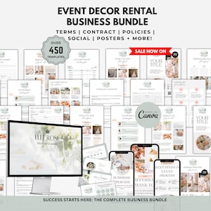 May include: An event decor rental business bundle with over 450 templates. The image shows various documents, a computer monitor, and mobile phones. Text includes "Event Decor Rental Business Bundle", "Terms", "Contract", "Policies", and "Sale Now On".
