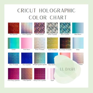 May include: A color chart showing different holographic vinyl colors for Cricut machines. The colors include red sparkle, silver sparkle, pink crystals, silver crystals, blue crystals, blue neon, green, pink neon, silver threads, gold threads, gunmetal threads, blue, blue threads, blue sparkle, whispering blue sparkle, blue bubb, pink party sparkle, tulip sparkle, party pink crystals, and opal.
