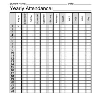 Può includere: Un grafico stampabile in bianco e nero per tenere traccia della presenza degli studenti. Il grafico include i mesi da agosto a luglio e i giorni del mese da 1 a 31. Il grafico ha un segno di spunta nella casella del 1° agosto.