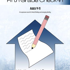 以下が含まれることがあります： 5年生の進捗ポートフォリオの青と白のグラフィック。青い家の形の中に、ピンクの鉛筆で紙に書いている様子が描かれています。「AGES 9-11」と「Little Homeschool Records」の文字が含まれています。