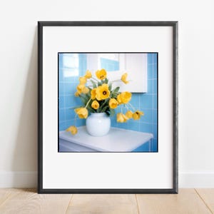 Gelbe Tulpen in Vase, Kalifornien 1984. Vintage Farbe Fine Art Film Fotografie Druck, Wand Kunst Foto Prints.