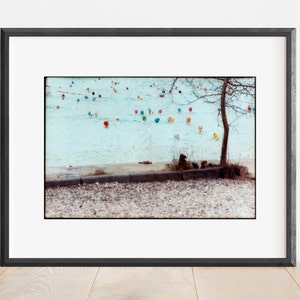 Puede incluir: Una fotografía enmarcada de un grupo de personas nadando en una piscina. El agua es azul y hay muchos gorros de baño de colores. Un árbol está en primer plano y una pasarela de hormigón conduce a la piscina.