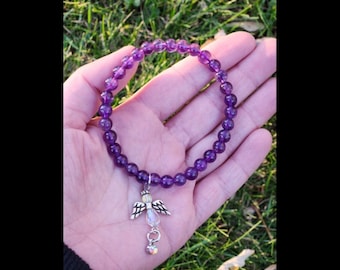 Amethyst Stretch Bracelet with Clear Angel Charm