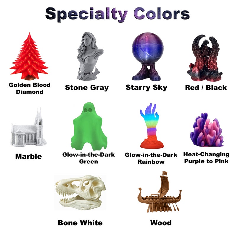 May include: A collection of 3D printed objects showcasing specialty filament colors. The colors include Golden Blood Diamond, Stone Gray, Starry Sky, Red/Black, Marble, Glow-in-the-Dark Green, Glow-in-the-Dark Rainbow, Heat-Changing Purple to Pink, Bone White, and Wood.