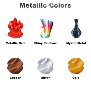 May include: Metallic colors of red, rainbow, blue, copper, silver, and gold. The colors are shown in various shapes, including a crystal, a vase, and a swirl.