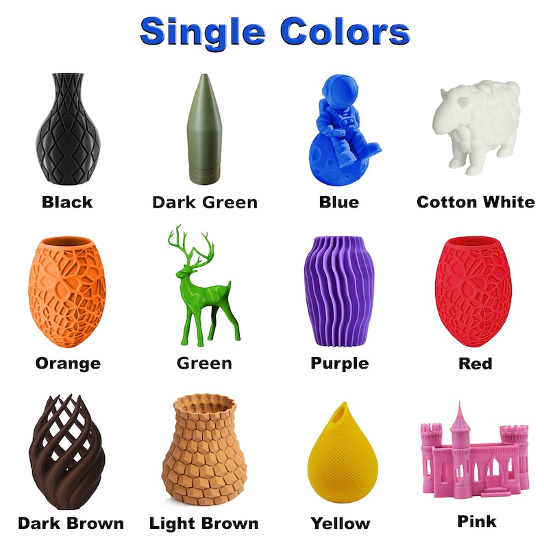May include: A collection of 12 3D printed objects in various colors, including black, dark green, blue, cotton white, orange, green, purple, red, dark brown, light brown, yellow, and pink. The objects are arranged in a grid pattern on a white background.