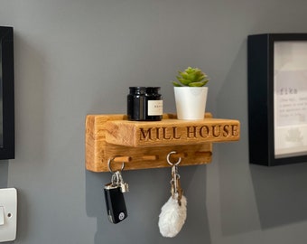 Personalised Solid Oak Key Holder With Shelf | Key Storage | Key Hooks | Key Organiser | Wall Mounted Key Storage |