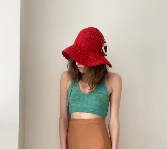Red 1970s bucket hat with organic form - image 1