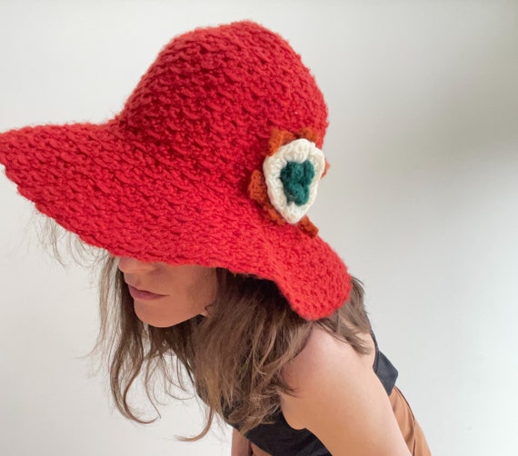 Red 1970s bucket hat with organic form - image 7