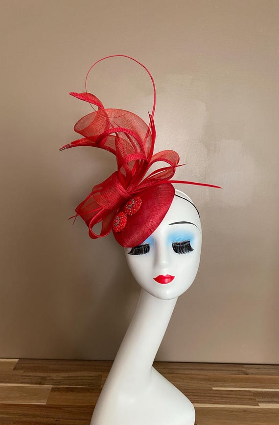 Red Sinamay Kentucky Derby Fascinator(g10): Bow/beads Race  display picture 1