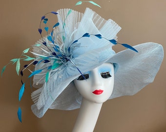 Powder Blue Wide Brim Carriage Church Kentucky Derby Hat W Netting Bow & Multicolor Feather Flower. Mother Day Easter Race Wedding Tea Hat