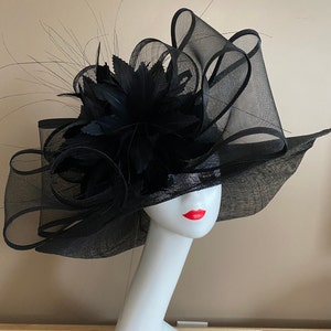 Black Wide Brim Church Carriage Kentucky Derby Hat W Large Black Netting/Sinamay Bow & Feather Flower Mother Day Easter Race Wedding Tea Hat image 3