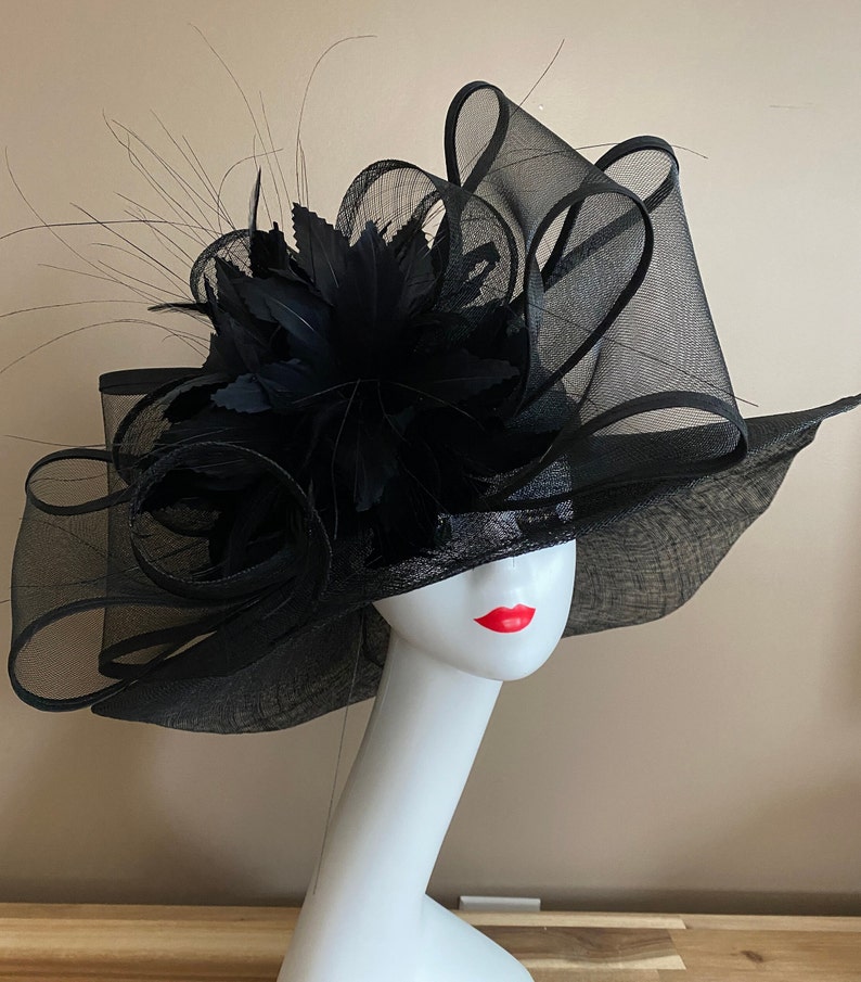 Black Wide Brim Church Carriage Kentucky Derby Hat W Large Black Netting/Sinamay Bow & Feather Flower Mother Day Easter Race Wedding Tea Hat image 3