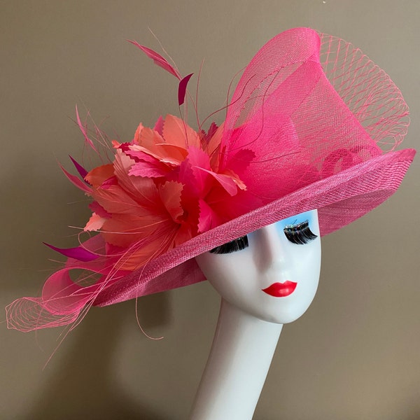 Hot/Blush Pink Church Carriage Kentucky Derby Hat W Pink Netting Bow and Multicolor Feather Flower. Mother Day Hat. Race Easter Wedding Hat