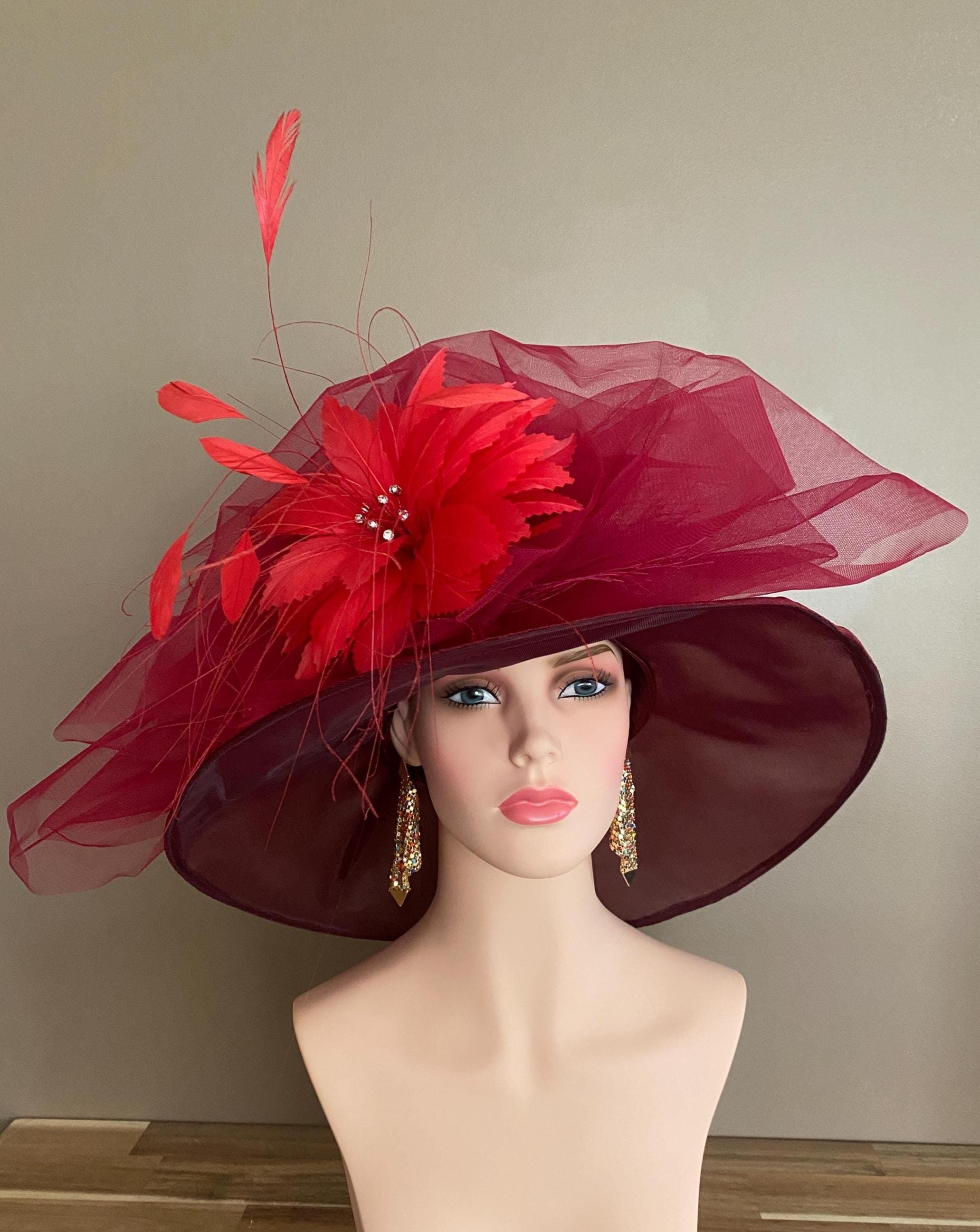 Burgundy Organza Kentucky Derby Hat(m4): Red Feather Flower 