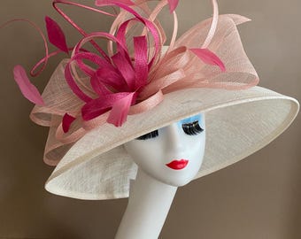 Sinamay Kentucky Derby Hat(G1): Ivory White/Pink Ribbon Flower