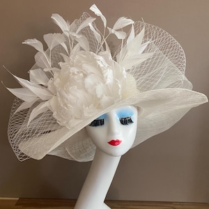 Wide Brim Ivory Derby Hat: Feather Flowers & Netting Bow