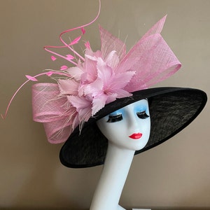 Wide Brim Black Sinamay Derby Hat: Pink Bow & Feather Flower