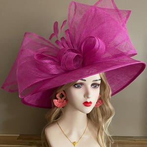 Fuchsia Kentucky Derby Hat: Wide Brim Sinamay Bow Feathered Hat