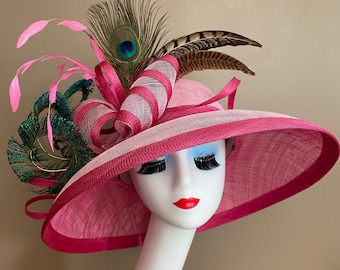 Hot/Light Pink Church Carriage Kentucky Derby Hat with Large Bow and Multicolor Feathers. Mother's Day Hat. Race Wedding Tea Ascot Hat