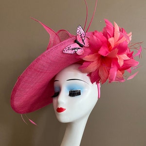 Hot Pink Kentucky Derby Fascinator: Feather Flower & Butterfly Bow Hat