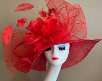 Ready to Ship: Red Wide Brim Church Carriage Kentucky Derby Hat with Large Poppy Bow and Blooming Feather Flowers. Mother Day Race Tea Hat