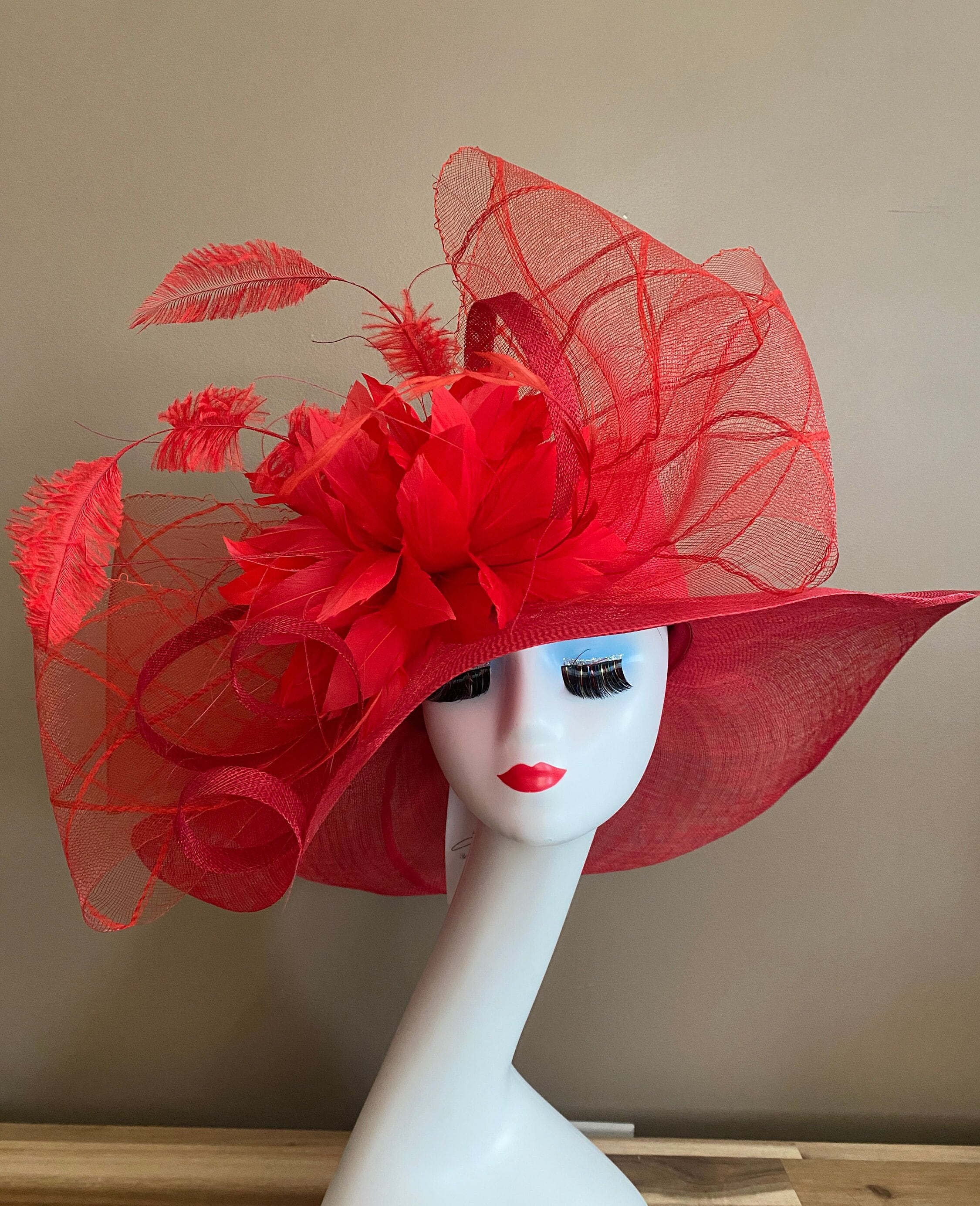Derby Hats Red Church Hat Ladies Hot Pink Wide Brim Church Wedding Designer  Fashion Hat Feathers Flower, Kentucky Derby Hats, image size:2250x2767