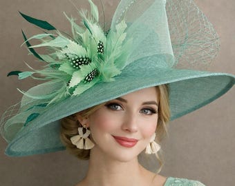 Sage Green Kentucky Derby Hat(g1): Feather Flower/Netting Bow