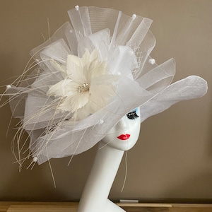 White Sinamay Derby Hat: Wide Brim Feather Flower, Wedding Race Tea Hat