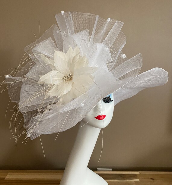 White Sinamay Derby Hat: Wide Brim Feather Flower, Wedding  display picture 1