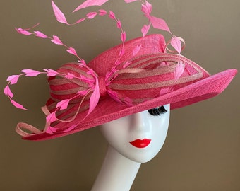 Hot Pink/Blush Pink Church Carriage Kentucky Derby Hat with shades of Pink Bow and Feather Flower. Mother's Day Hat. Race Easter Wedding Hat