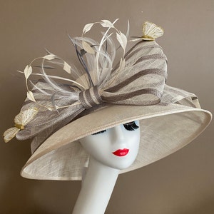 Wide Brim Sinamay Derby Hat: Ivory, Gray Bow & Gold Butterflies